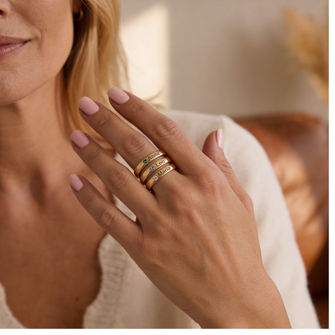Stackable Engraved Name Rings with Birthstone