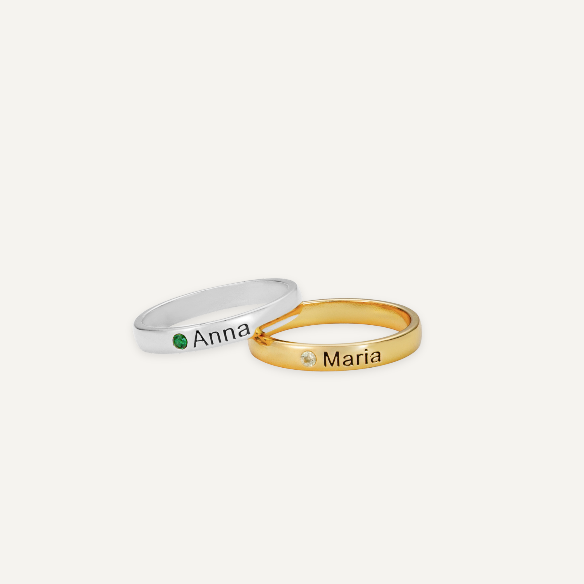 Stackable Engraved Name Rings with Birthstone