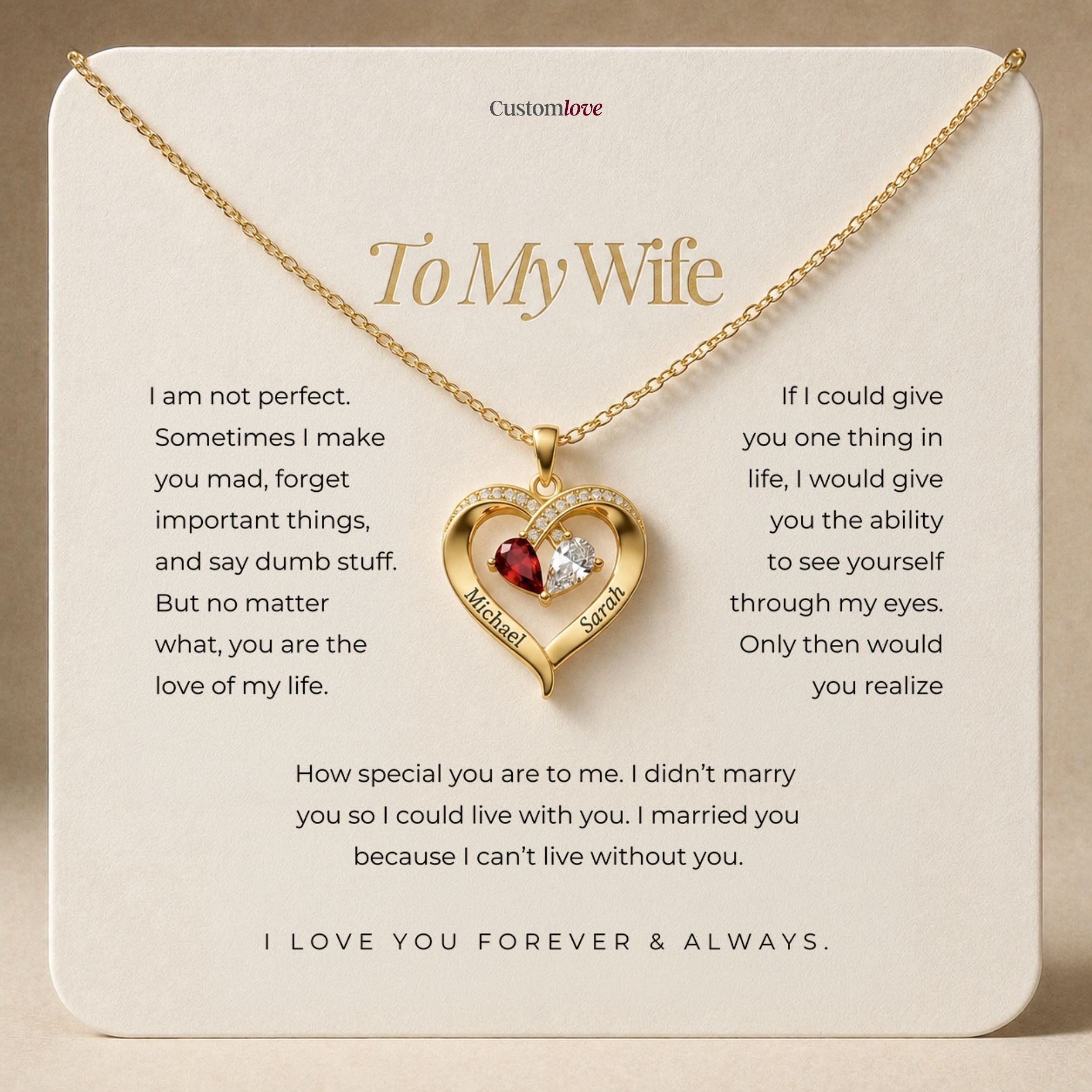 To My Wife - Engraved Heart Necklace With Birthstone