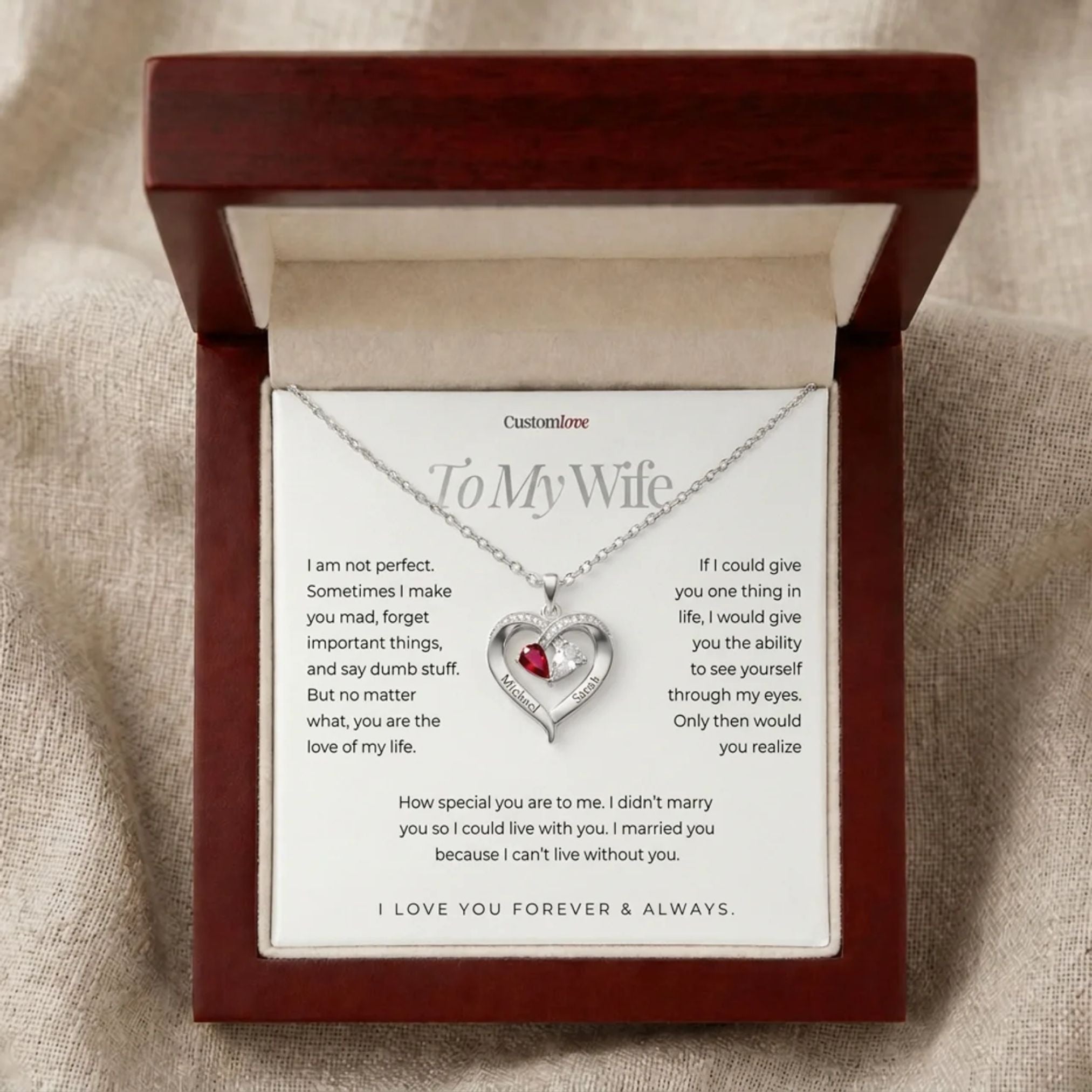 To My Wife - Engraved Heart Necklace With Birthstone