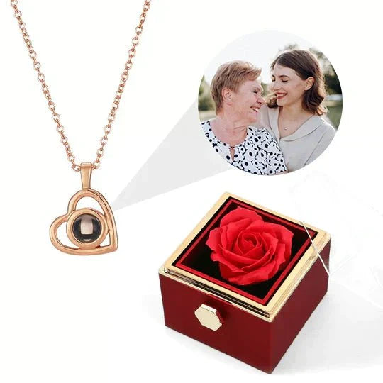 Eternal Rose Box - With Heart Photo Projection Necklace and Real Rose