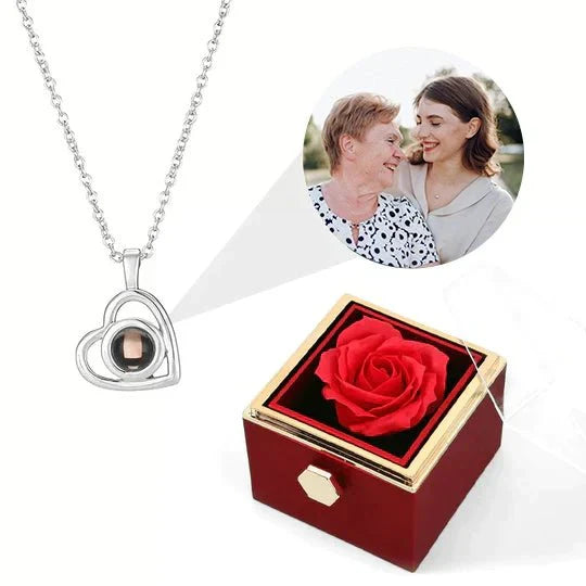 Eternal Rose Box - With Heart Photo Projection Necklace and Real Rose
