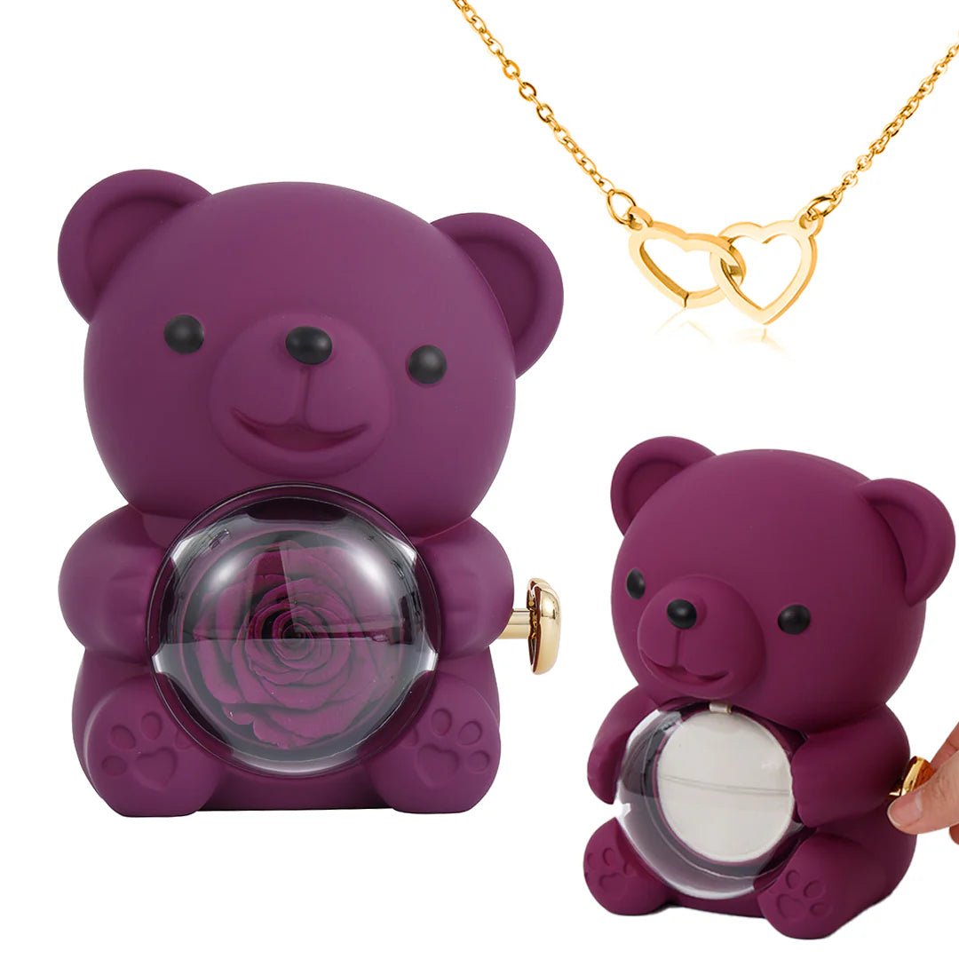 Eternal Rose Bear Gift Box with Engraved Heart Necklace - Free Earrings