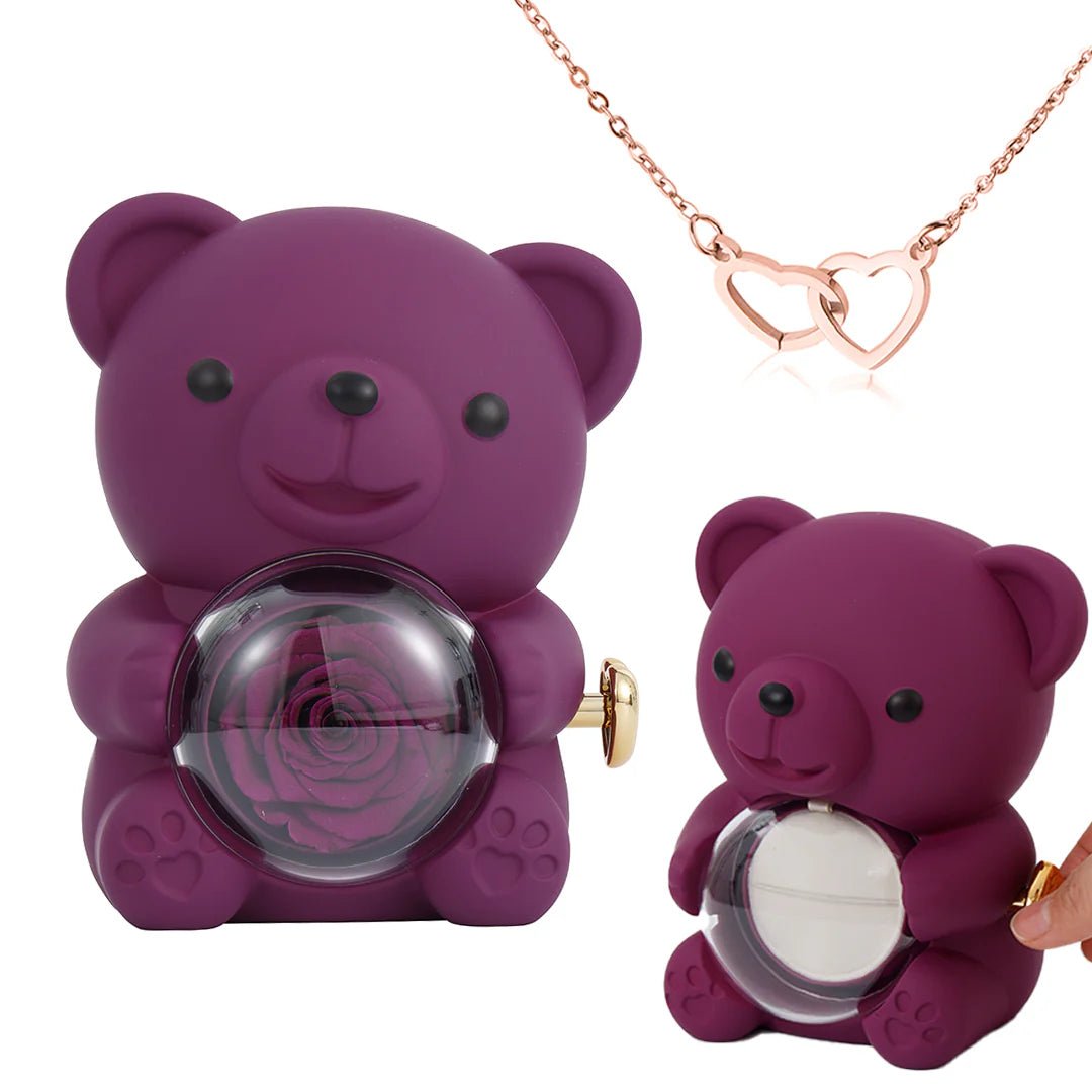 Eternal Rose Bear Gift Box with Engraved Heart Necklace - Free Earrings