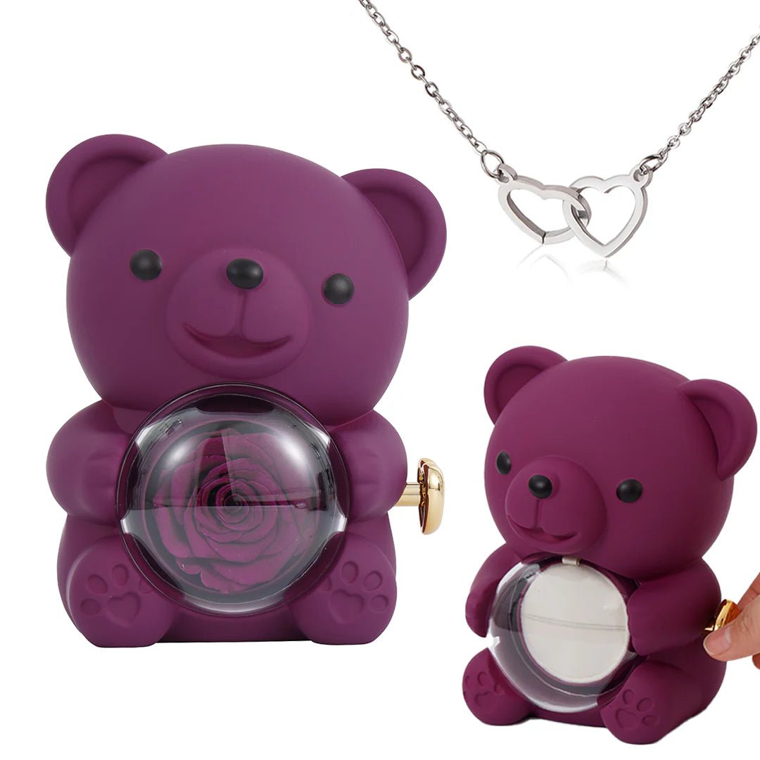 Eternal Rose Bear Gift Box with Engraved Heart Necklace - Free Earrings
