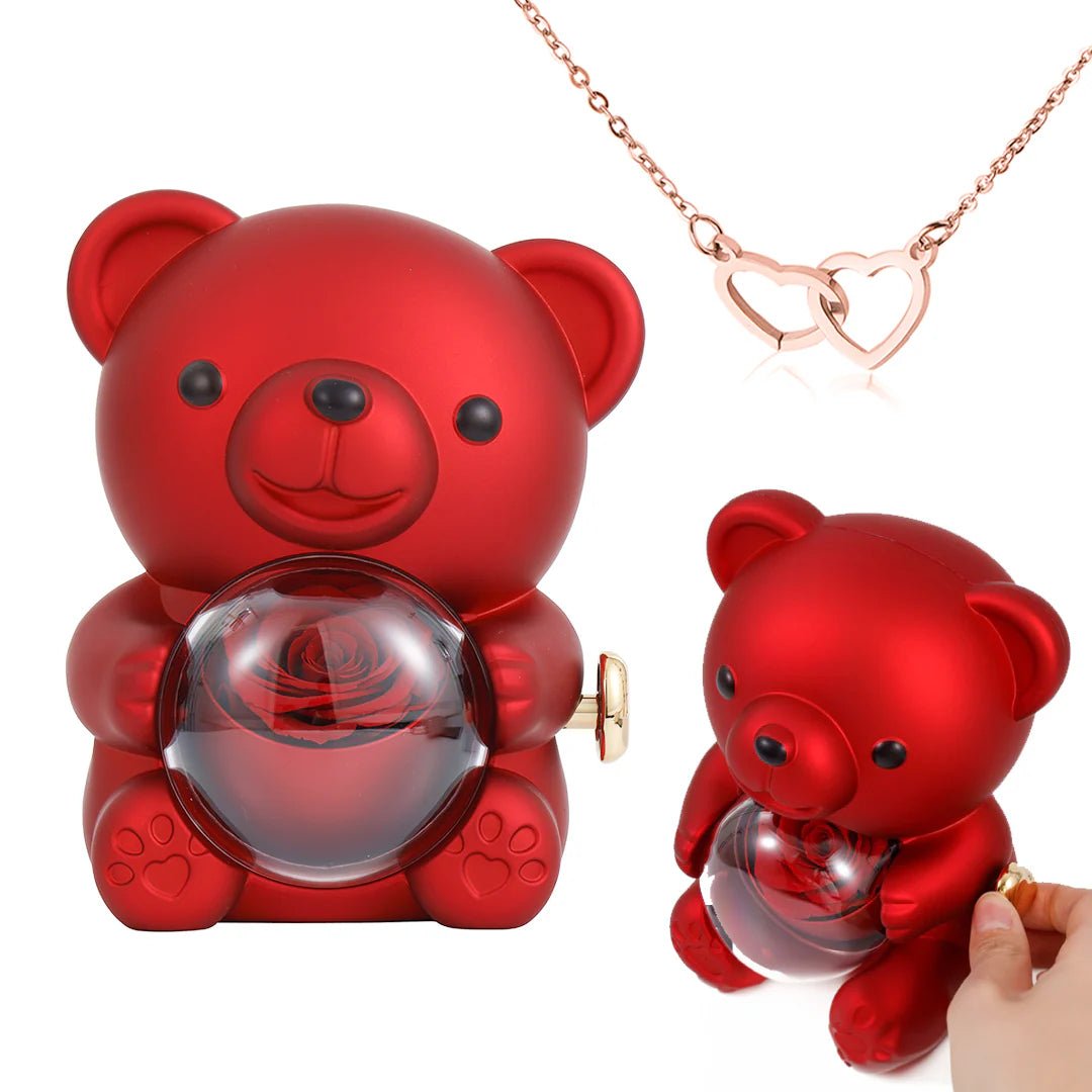 Eternal Rose Bear Gift Box with Engraved Heart Necklace - Free Earrings