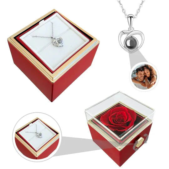 Eternal Rose Box - With Photo Projection Heart Necklace & Real Rose