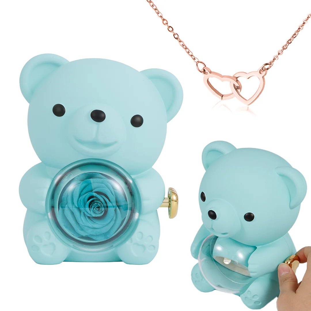 Eternal Rose Bear Gift Box with Engraved Heart Necklace - Free Earrings