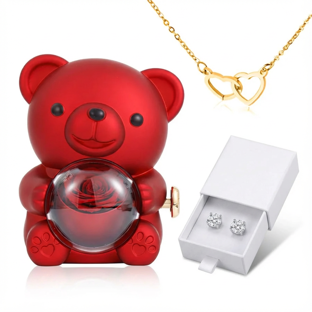 Eternal Rose Bear Gift Box with Engraved Heart Necklace - Free Earrings