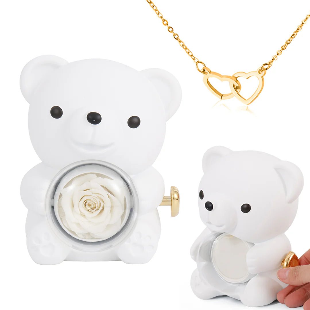 Eternal Rose Bear Gift Box with Engraved Heart Necklace - Free Earrings