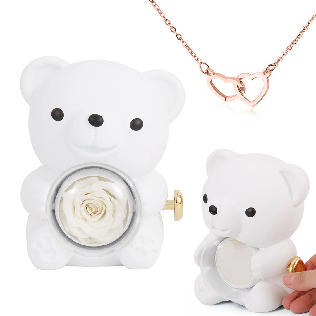 Eternal Rose Bear Gift Box with Engraved Heart Necklace - Free Earrings