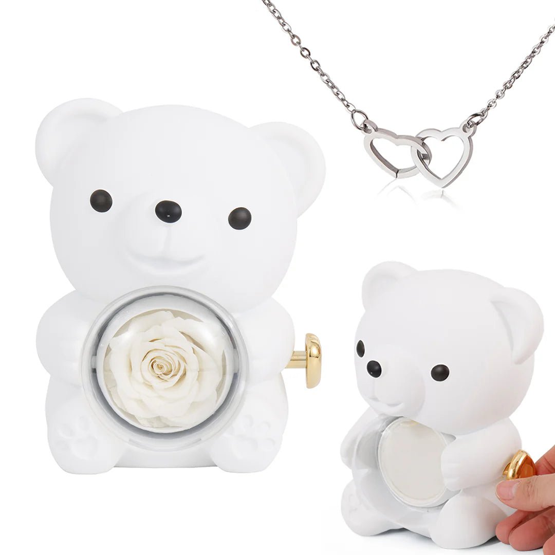 Eternal Rose Bear Gift Box with Engraved Heart Necklace - Free Earrings